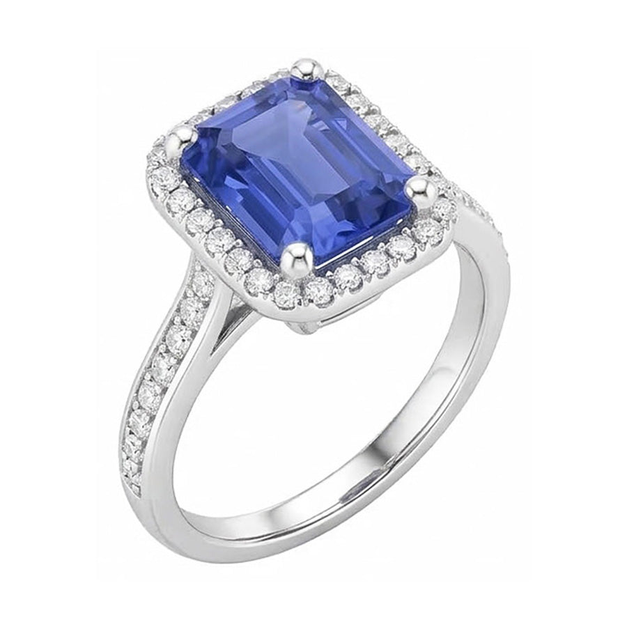Halo Natural Earth Mined Diamond ( Not Lab Grown ) Blue Sapphire Wedding Ring Emerald Cut 3.50 Carats Gold