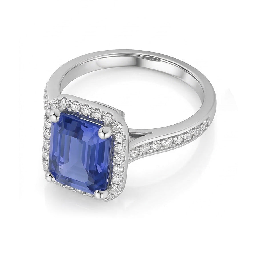Halo Natural Earth Mined Diamond ( Not Lab Grown ) Blue Sapphire Wedding Ring Emerald Cut 3.50 Carats Gold