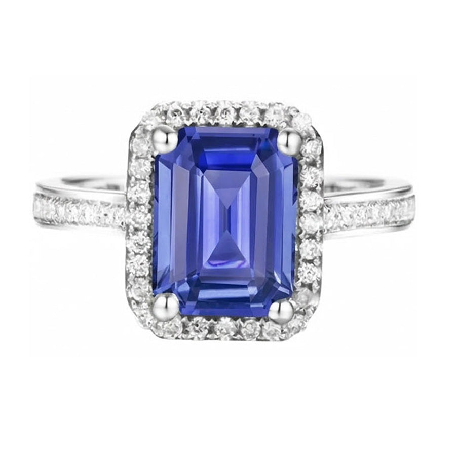 Halo Natural Earth Mined Diamond ( Not Lab Grown ) Blue Sapphire Wedding Ring Emerald Cut 3.50 Carats Gold