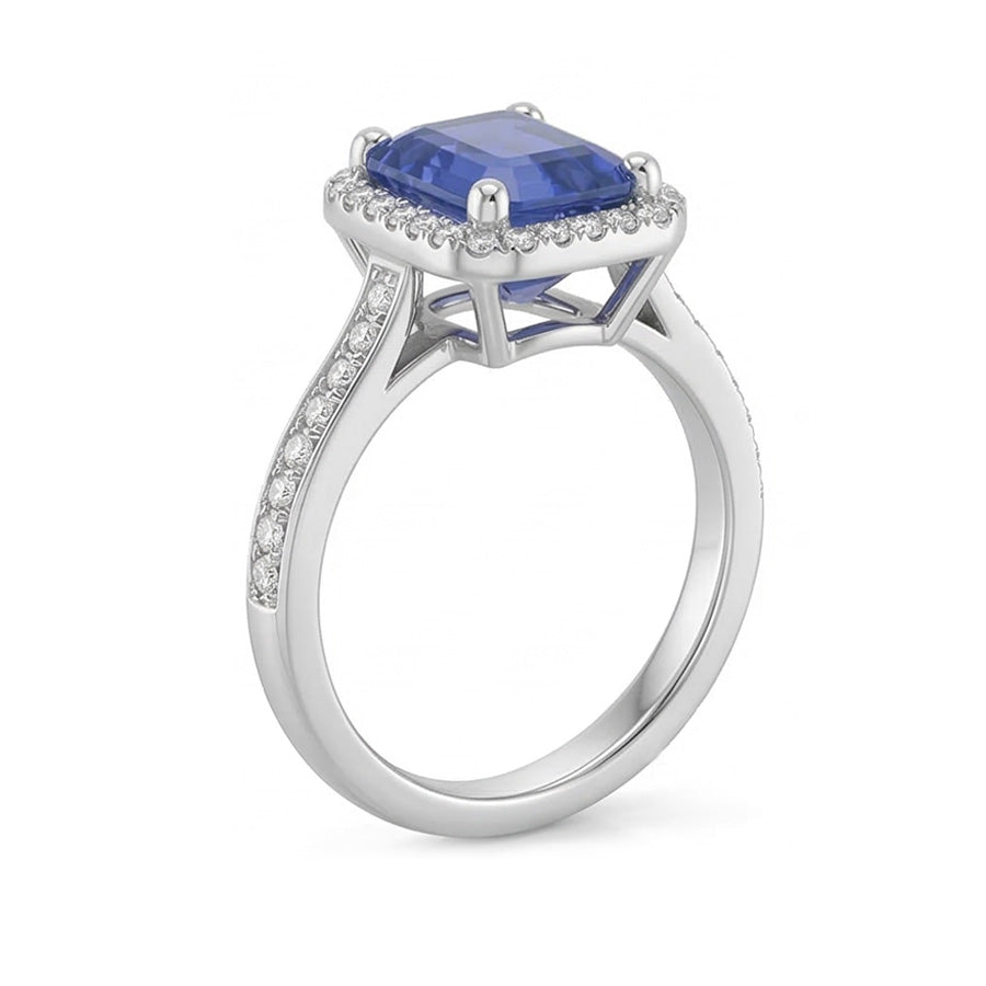 Halo Natural Earth Mined Diamond ( Not Lab Grown ) Blue Sapphire Wedding Ring Emerald Cut 3.50 Carats Gold