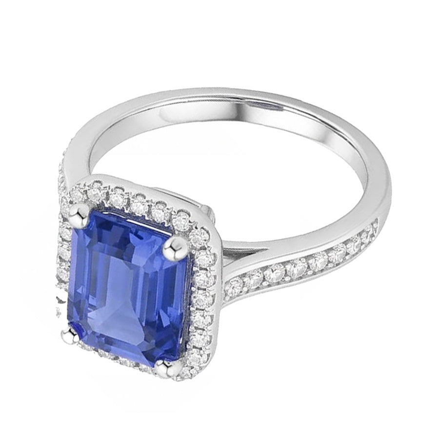 Halo Natural Earth Mined Diamond ( Not Lab Grown ) Blue Sapphire Wedding Ring Emerald Cut 3.50 Carats Gold