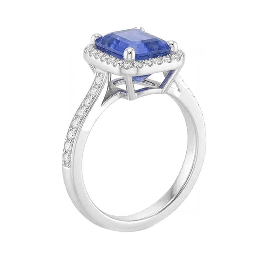 Halo Natural Earth Mined Diamond ( Not Lab Grown ) Blue Sapphire Wedding Ring Emerald Cut 3.50 Carats Gold