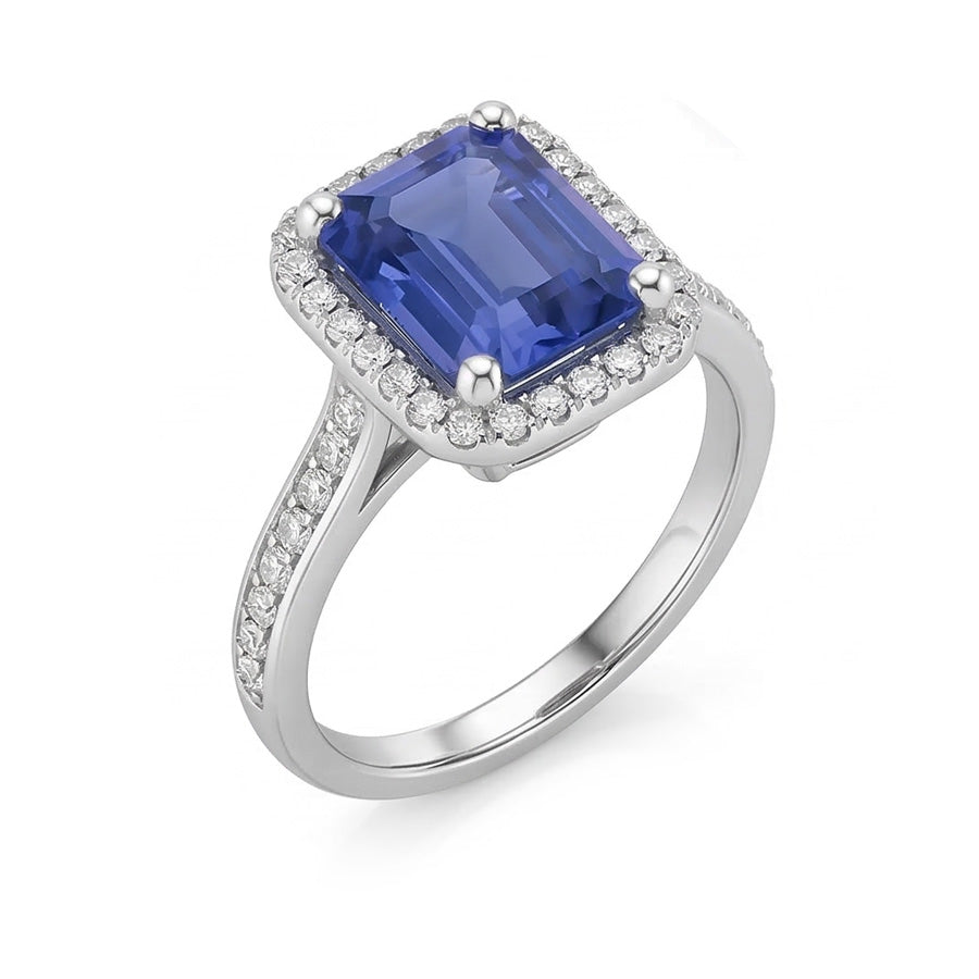 Halo Natural Earth Mined Diamond ( Not Lab Grown ) Blue Sapphire Wedding Ring Emerald Cut 3.50 Carats Gold