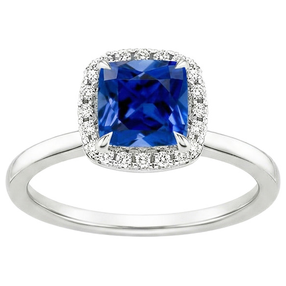 Halo Natural Earth Mined Diamond ( Not Lab Grown ) Engagement Ring Prong Set Blue Sapphire Gold 2.75 Carats