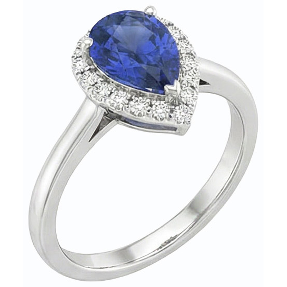 Halo Natural Earth Mined Diamond ( Not Lab Grown ) Gemstone Jewelry Pear Ceylon Sapphire Ring 2.50 Carats
