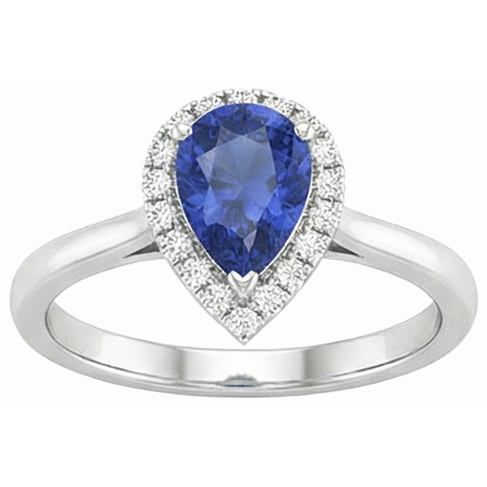 Halo Natural Earth Mined Diamond ( Not Lab Grown ) Gemstone Jewelry Pear Ceylon Sapphire Ring 2.50 Carats
