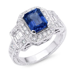 Halo Natural Earth Mined Diamond ( Not Lab Grown ) Radiant Sapphire Ring 2.50 Carats Vintage Style Baguettes