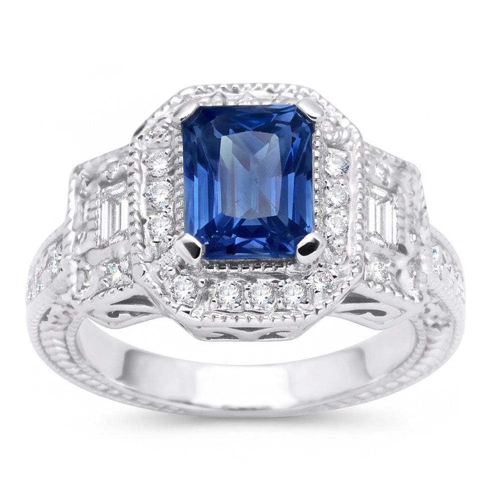 Halo Natural Earth Mined Diamond ( Not Lab Grown ) Radiant Sapphire Ring 2.50 Carats Vintage Style Baguettes