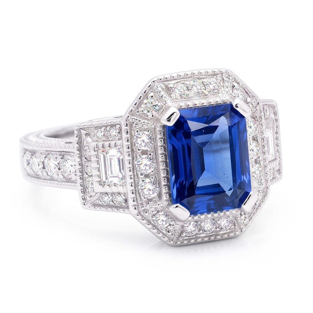 Halo Natural Earth Mined Diamond ( Not Lab Grown ) Radiant Sapphire Ring 2.50 Carats Vintage Style Baguettes