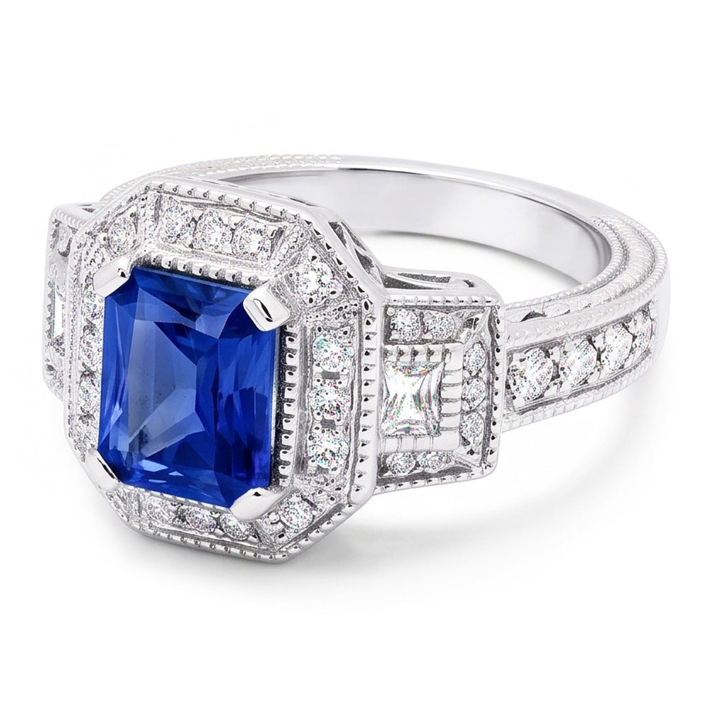 Halo Natural Earth Mined Diamond ( Not Lab Grown ) Radiant Sapphire Ring 2.50 Carats Vintage Style Baguettes