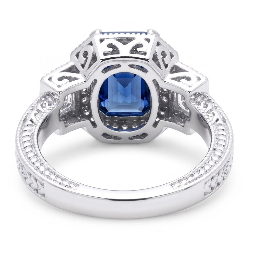 Halo Natural Earth Mined Diamond ( Not Lab Grown ) Radiant Sapphire Ring 2.50 Carats Vintage Style Baguettes