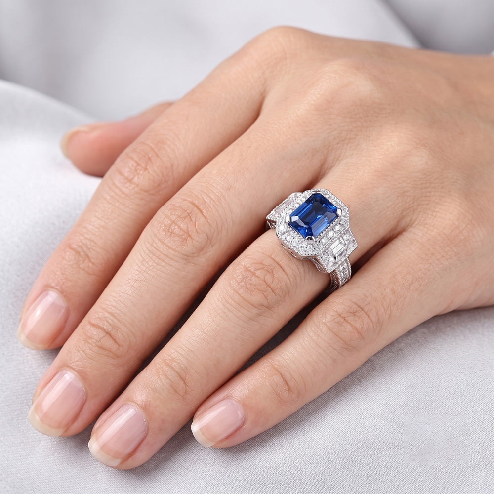 Halo Natural Earth Mined Diamond ( Not Lab Grown ) Radiant Sapphire Ring 2.50 Carats Vintage Style Baguettes