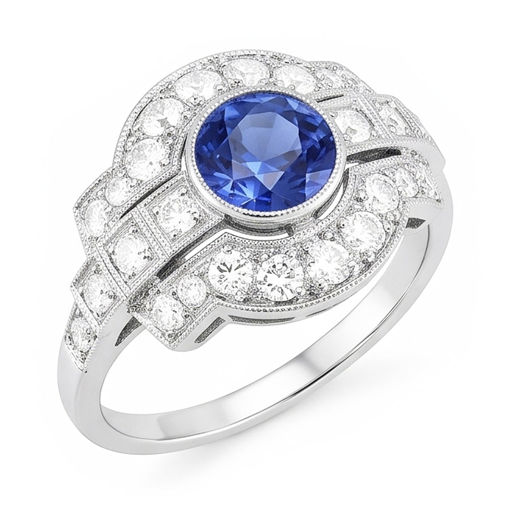 Halo Natural Earth Mined Diamond ( Not Lab Grown ) Ring Bezel Set Ceylon Sapphire 2.50 Carats Mil...