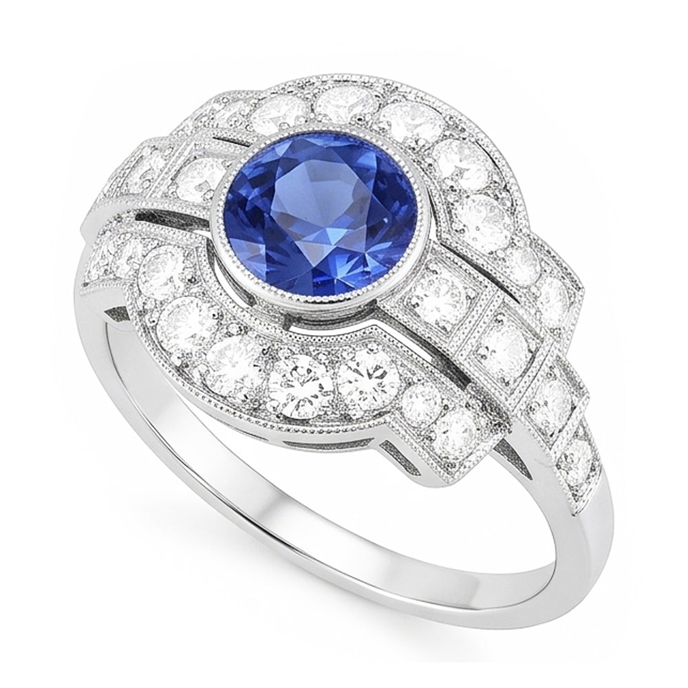 Halo Natural Earth Mined Diamond ( Not Lab Grown ) Ring Bezel Set Ceylon Sapphire 2.50 Carats Mil...