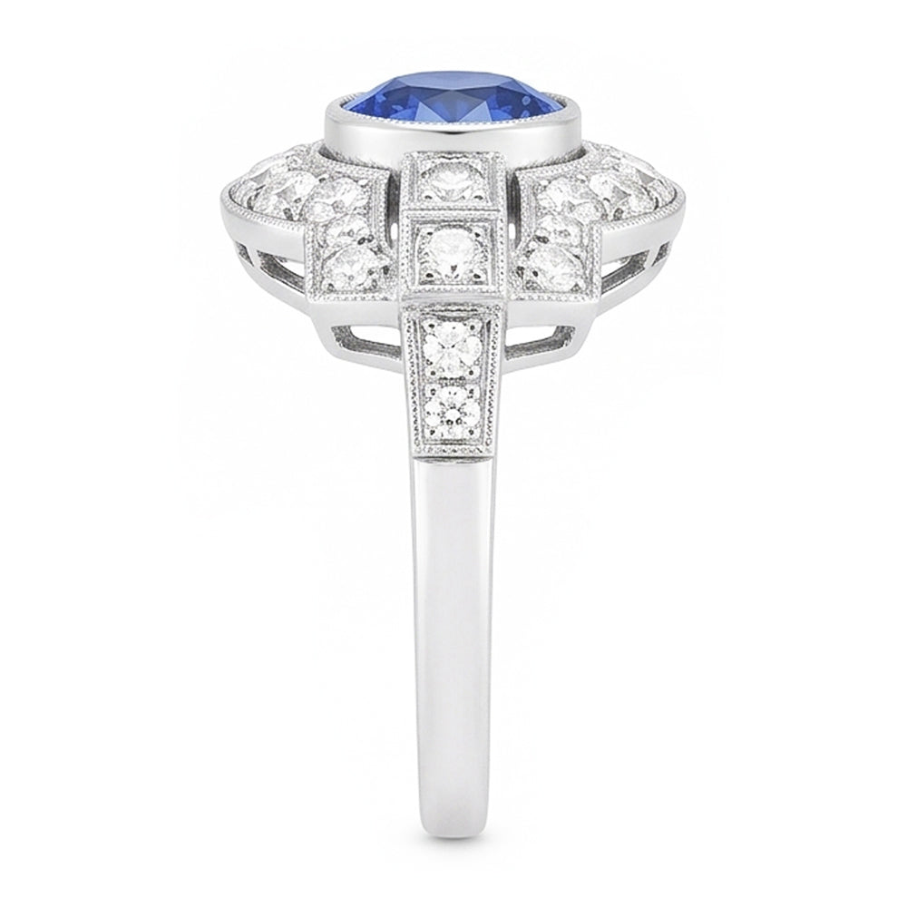 Halo Natural Earth Mined Diamond ( Not Lab Grown ) Ring Bezel Set Ceylon Sapphire 2.50 Carats Mil...