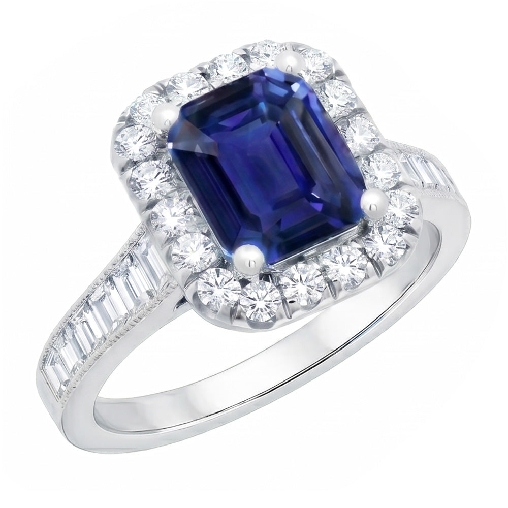 Halo Natural Earth Mined Diamond ( Not Lab Grown ) Ring Emerald Blue Sapphire Jewelry 3 Carats Channel Set