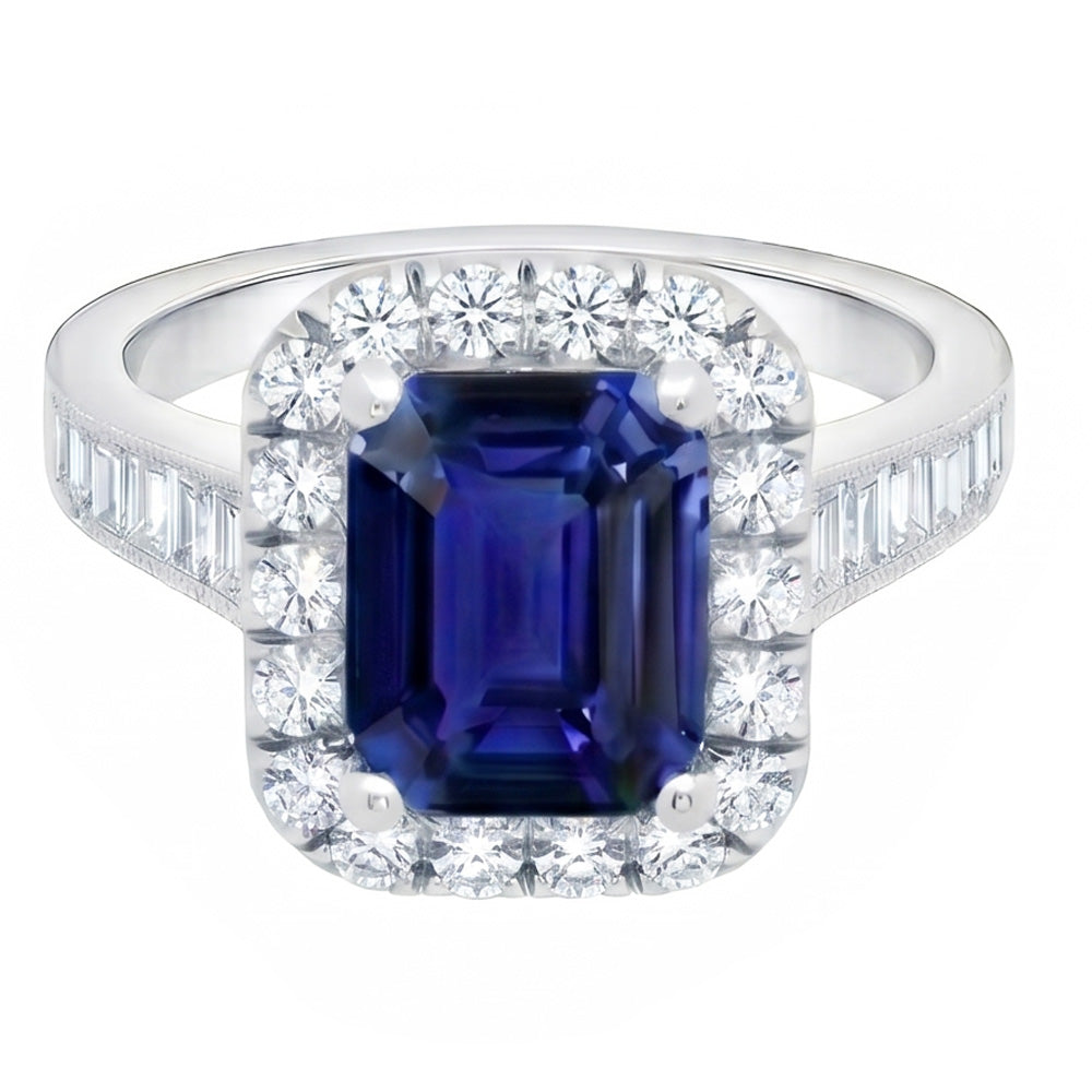 Halo Natural Earth Mined Diamond ( Not Lab Grown ) Ring Emerald Blue Sapphire Jewelry 3 Carats Channel Set