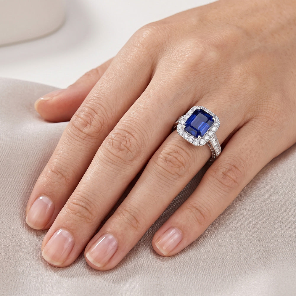 Halo Natural Earth Mined Diamond ( Not Lab Grown ) Ring Emerald Blue Sapphire Jewelry 3 Carats Channel Set
