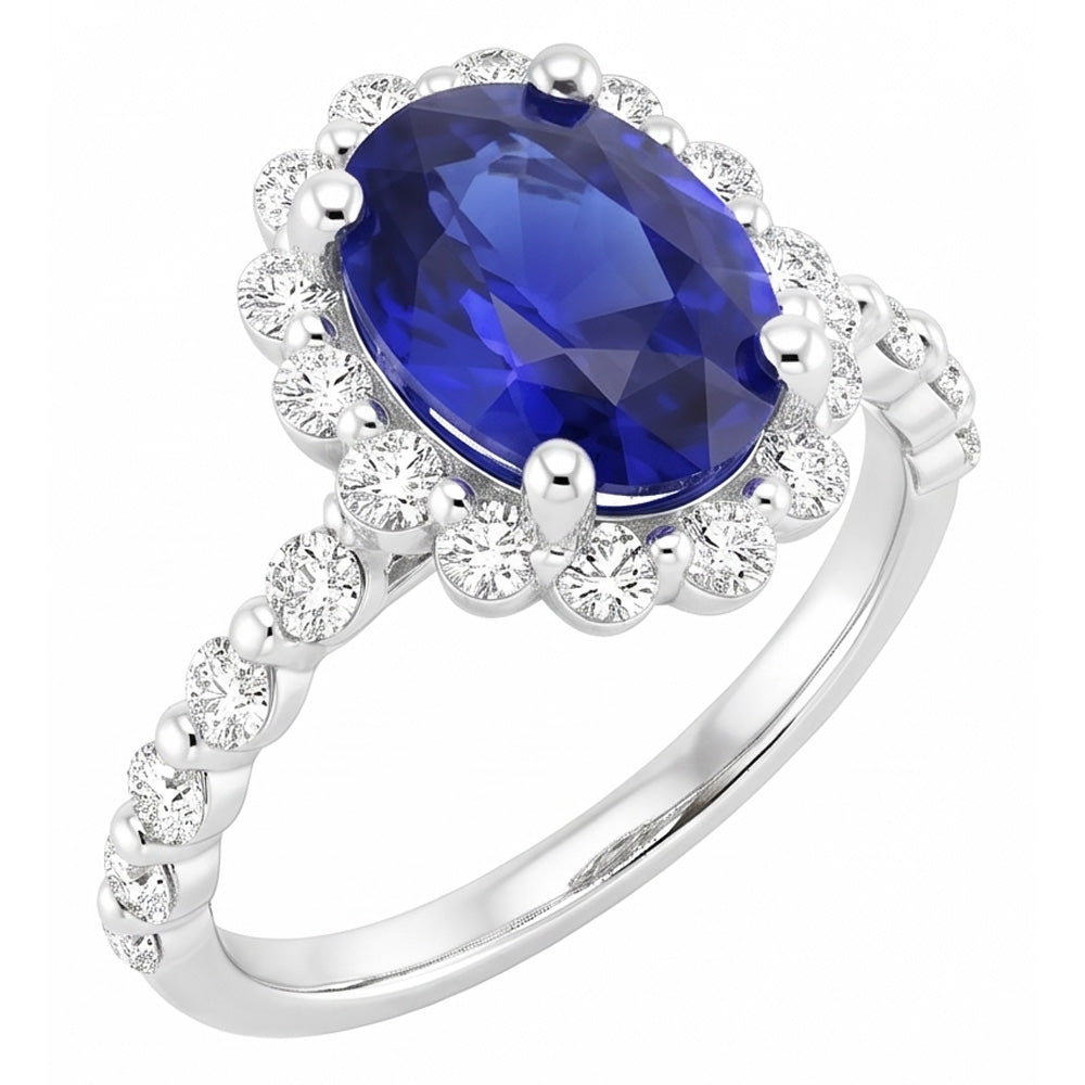 Halo Natural Earth Mined Diamond ( Not Lab Grown ) Ring Flower Style Sri Lankan Sapphire 4 Carats