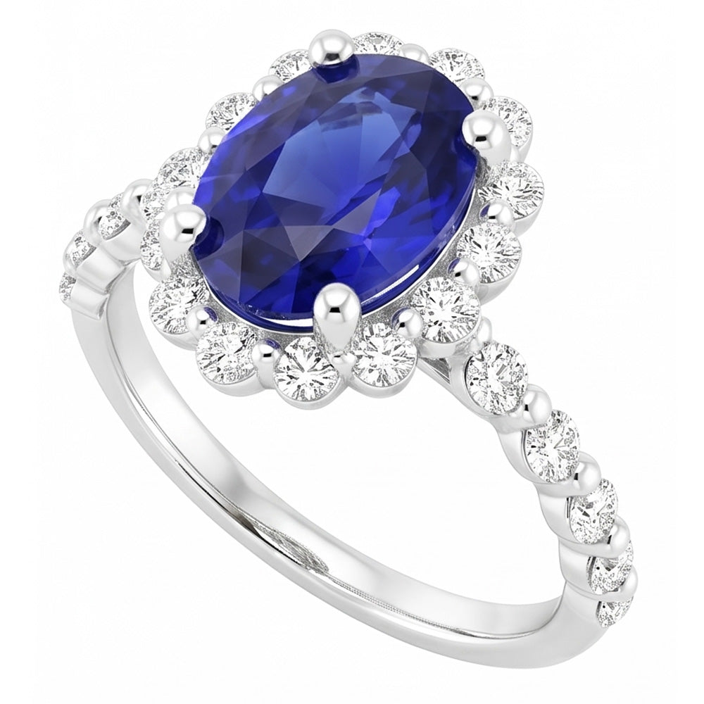 Halo Natural Earth Mined Diamond ( Not Lab Grown ) Ring Flower Style Sri Lankan Sapphire 4 Carats