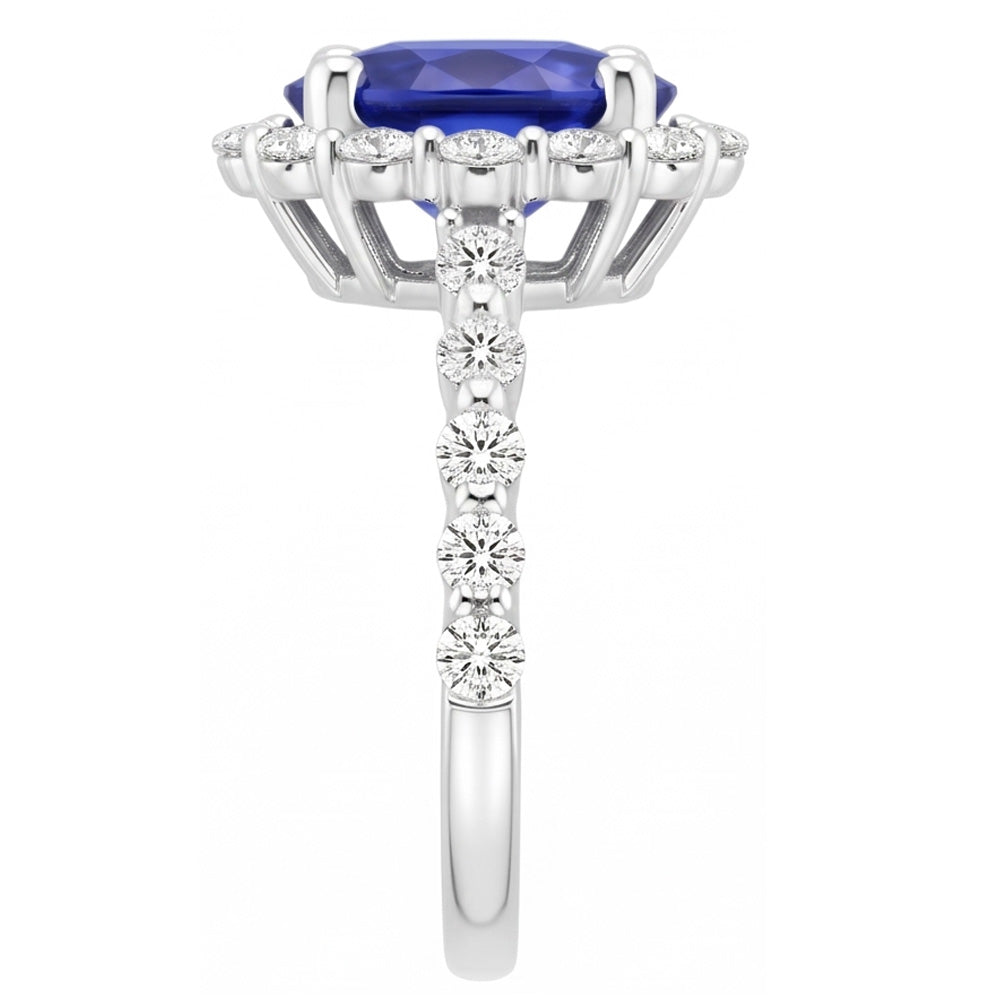 Halo Natural Earth Mined Diamond ( Not Lab Grown ) Ring Flower Style Sri Lankan Sapphire 4 Carats