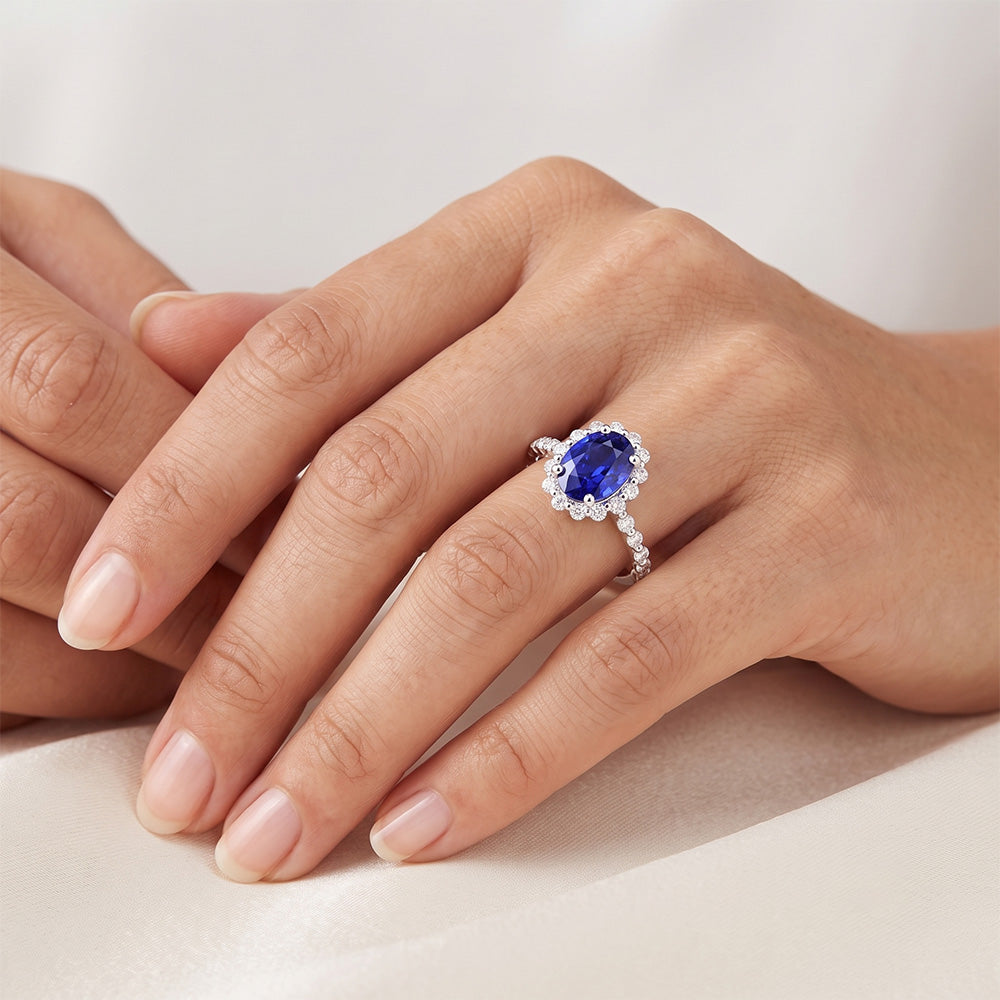 Halo Natural Earth Mined Diamond ( Not Lab Grown ) Ring Flower Style Sri Lankan Sapphire 4 Carats