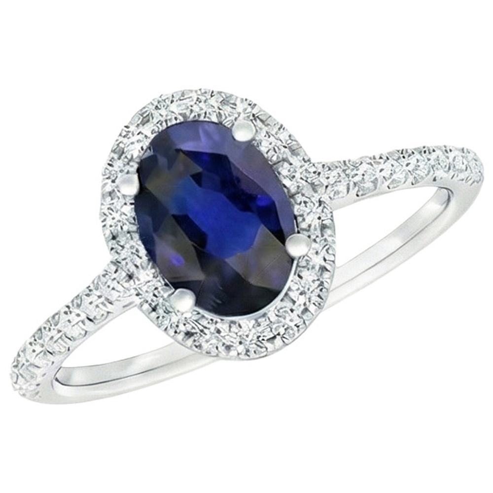 Halo Natural Earth Mined Diamond ( Not Lab Grown ) Ring Gold Oval Sri Lankan Sapphire With Accents 6 Carats