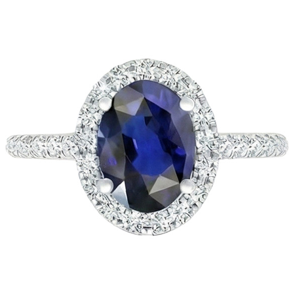 Halo Natural Earth Mined Diamond ( Not Lab Grown ) Ring Gold Oval Sri Lankan Sapphire With Accents 6 Carats