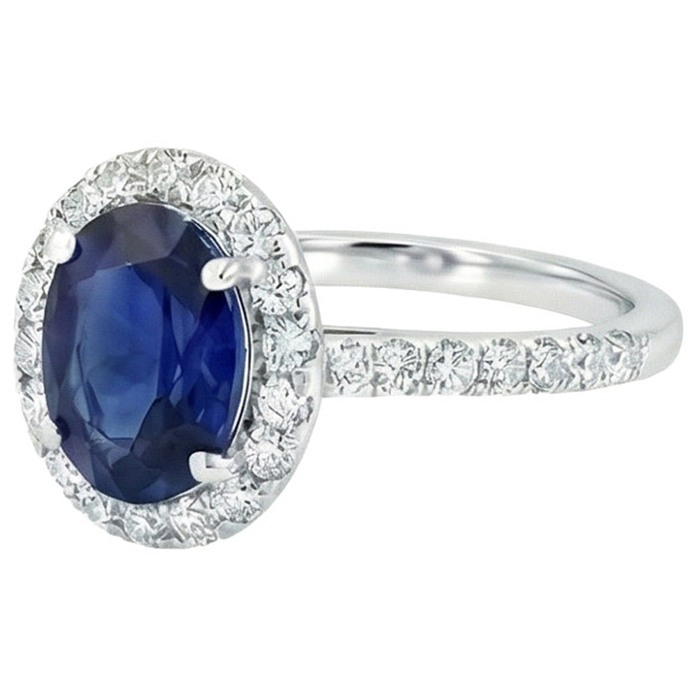 Halo Natural Earth Mined Diamond ( Not Lab Grown ) Ring Gold Oval Sri Lankan Sapphire With Accents 6 Carats