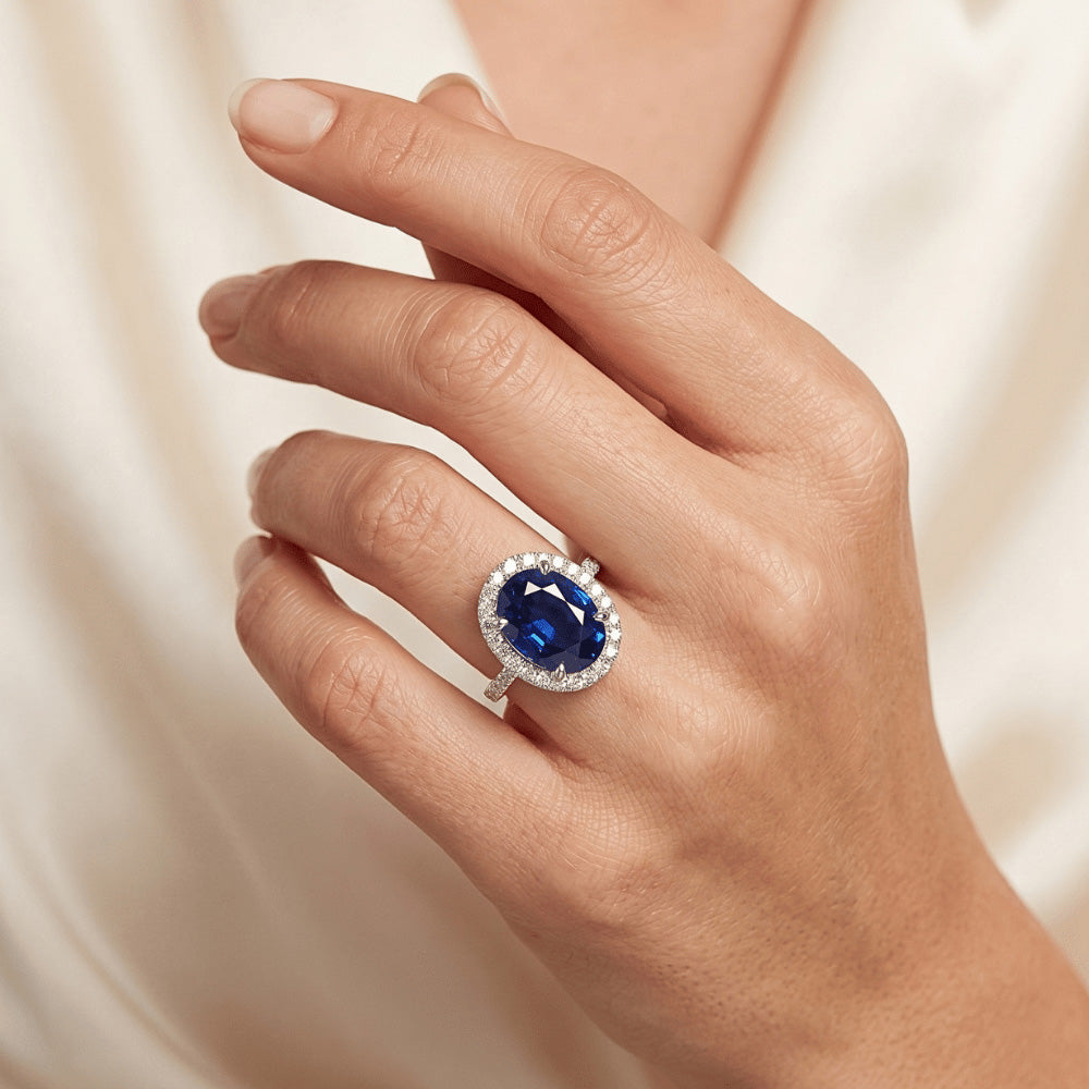 Halo Natural Earth Mined Diamond ( Not Lab Grown ) Ring Gold Oval Sri Lankan Sapphire With Accents 6 Carats