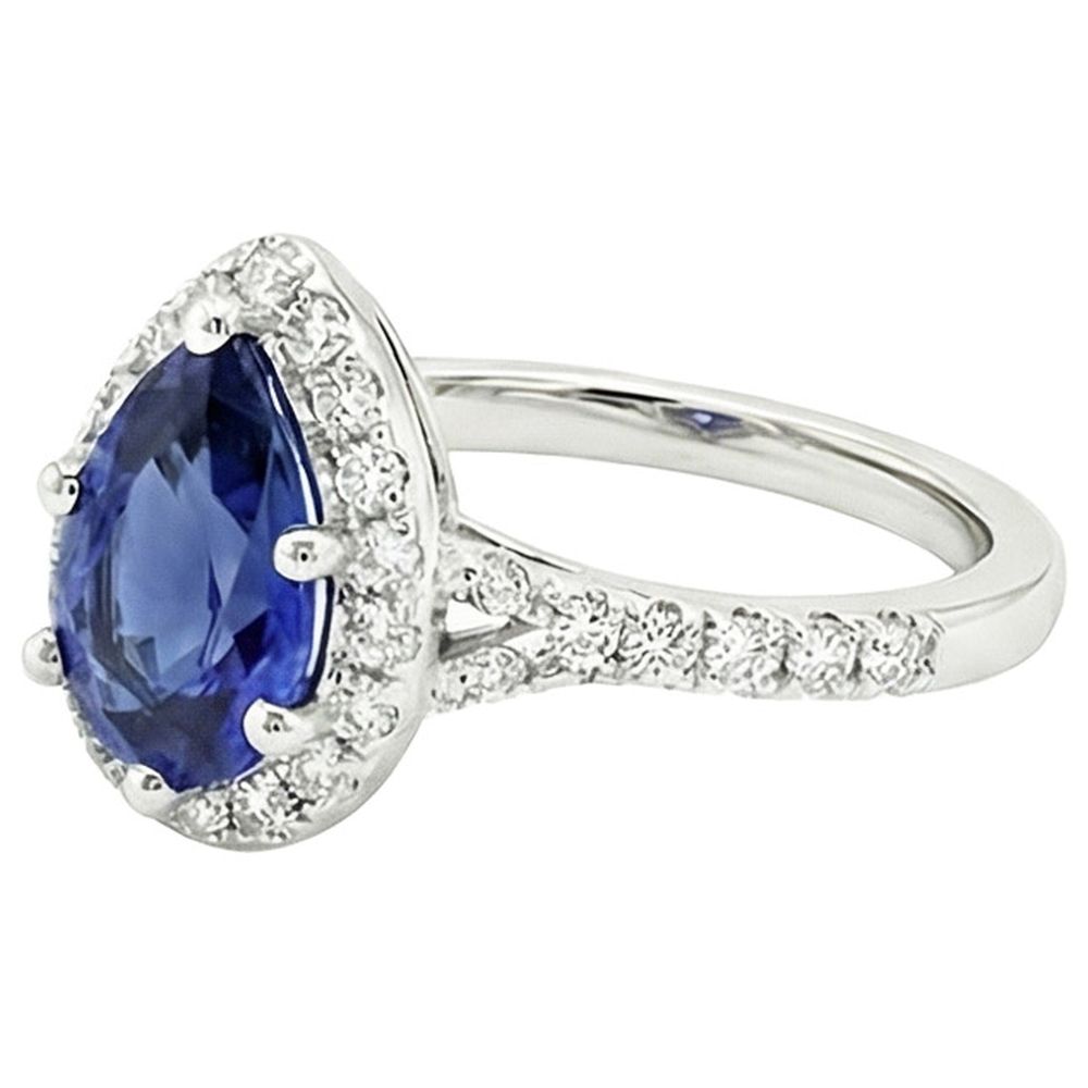 Halo Natural Earth Mined Diamond ( Not Lab Grown ) Ring Pear Cut Blue Sapphire Gemstone Jewelry 5.25 Carats