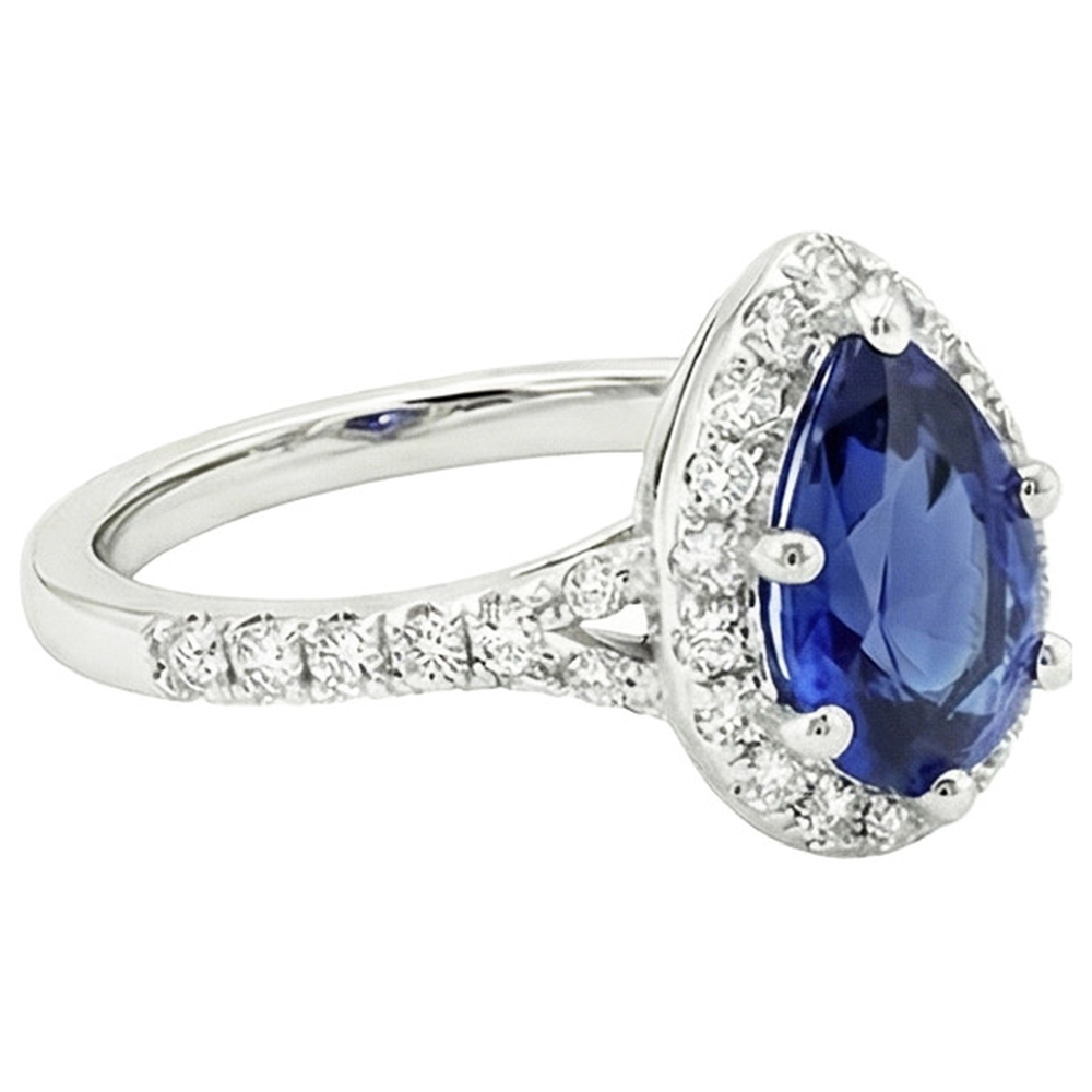 Halo Natural Earth Mined Diamond ( Not Lab Grown ) Ring Pear Cut Blue Sapphire Gemstone Jewelry 5.25 Carats