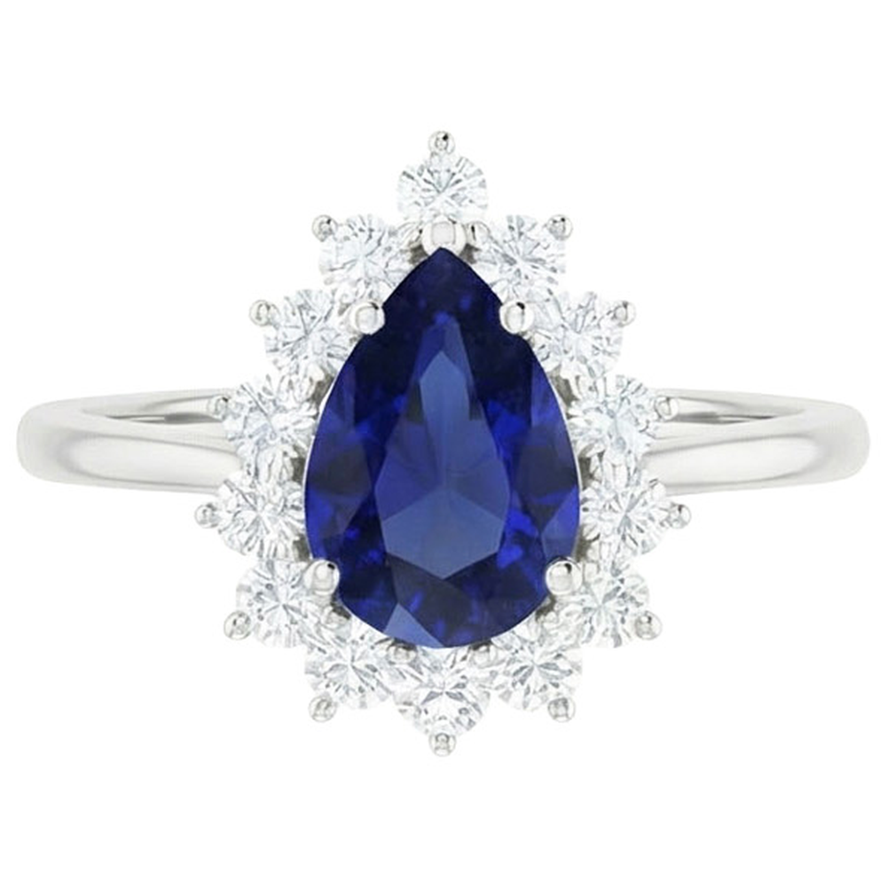 Halo Natural Earth Mined Diamond ( Not Lab Grown ) Ring Star Style Pear Sri Lankan Sapphire 2.25 Carats
