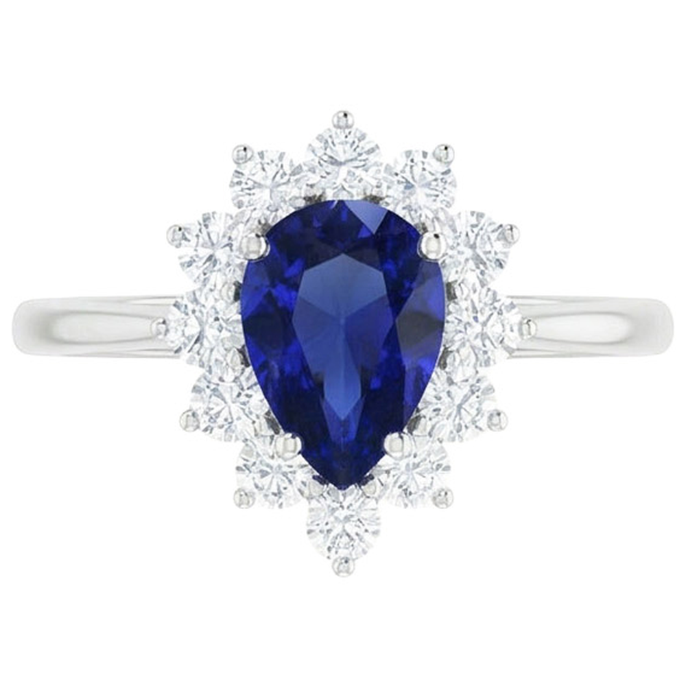 Halo Natural Earth Mined Diamond ( Not Lab Grown ) Ring Star Style Pear Sri Lankan Sapphire 2.25 Carats