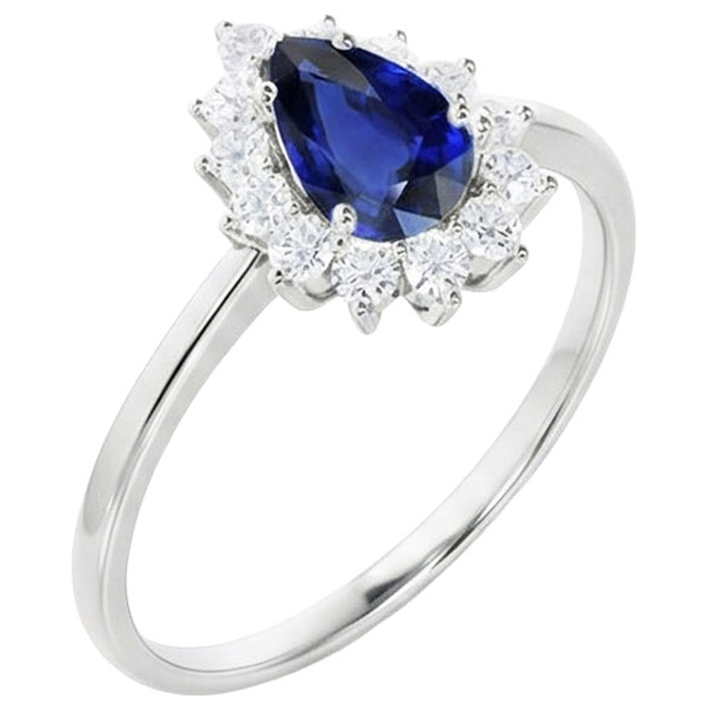 Halo Natural Earth Mined Diamond ( Not Lab Grown ) Ring Star Style Pear Sri Lankan Sapphire 2.25 Carats