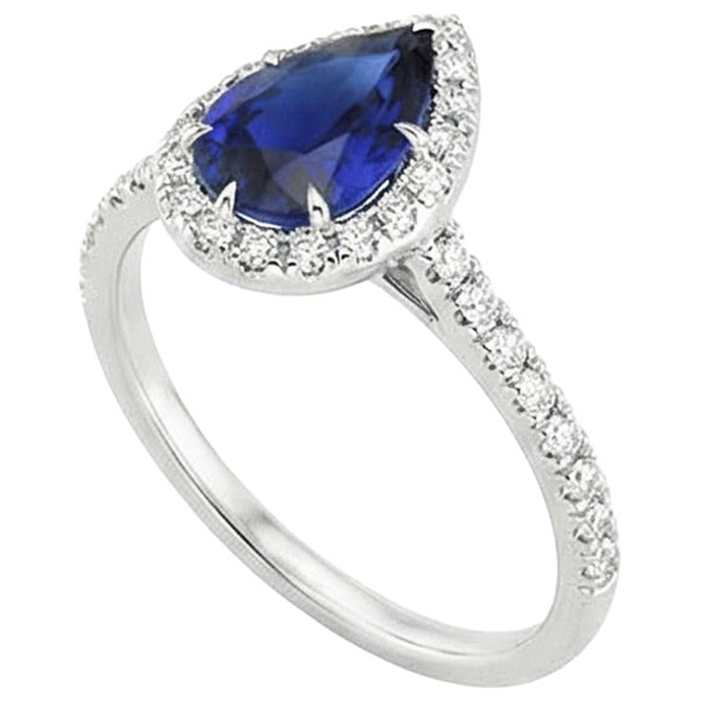 Halo Natural Earth Mined Diamond ( Not Lab Grown ) Ring Teardrop Style Blue Sapphire With Accents 5.50 Carat