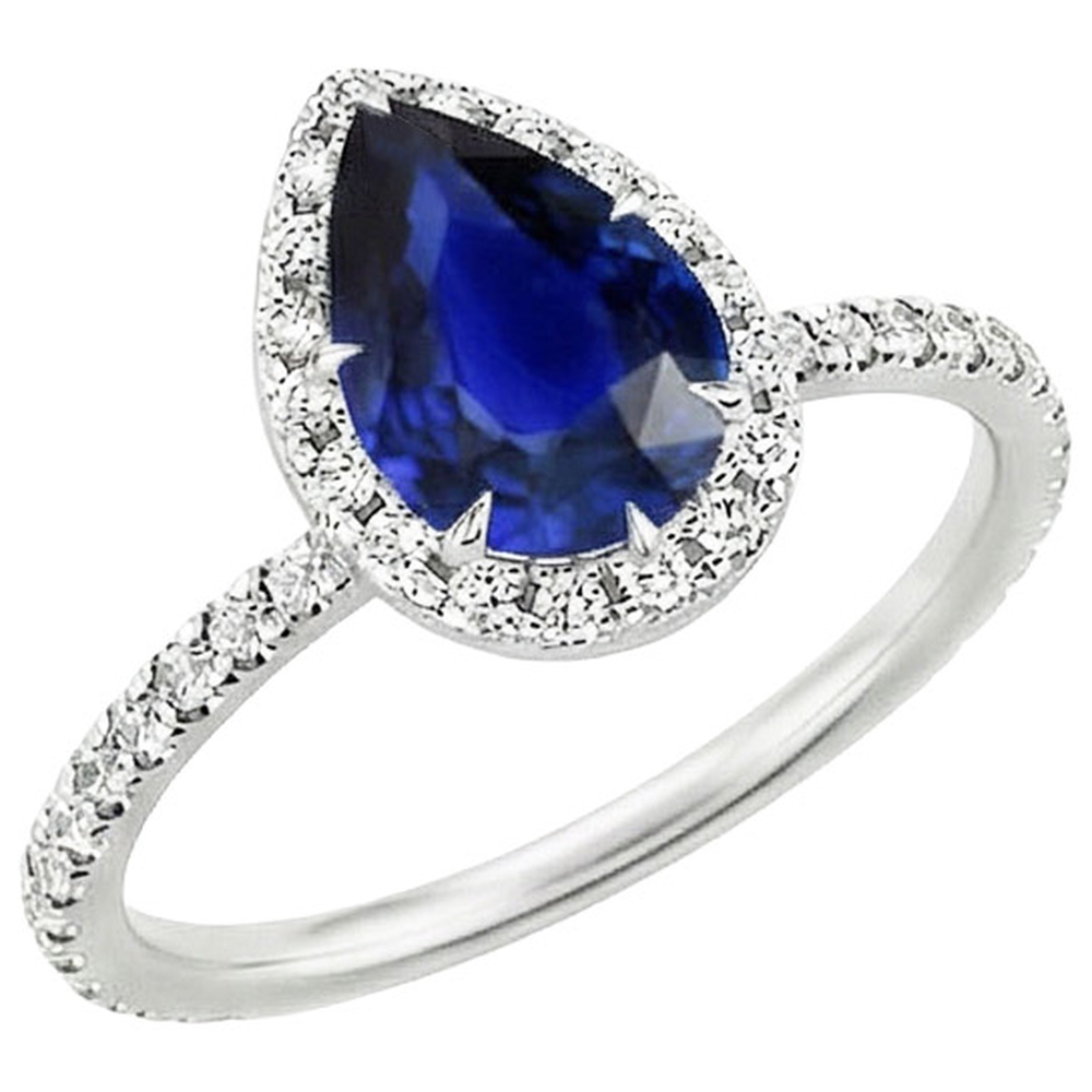 Halo Natural Earth Mined Diamond ( Not Lab Grown ) Ring Teardrop Style Blue Sapphire With Accents 5.50 Carat