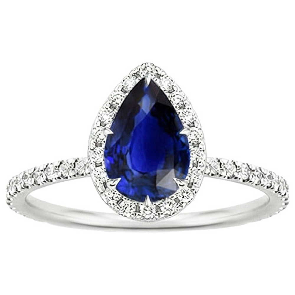 Halo Natural Earth Mined Diamond ( Not Lab Grown ) Ring Teardrop Style Blue Sapphire With Accents 5.50 Carat