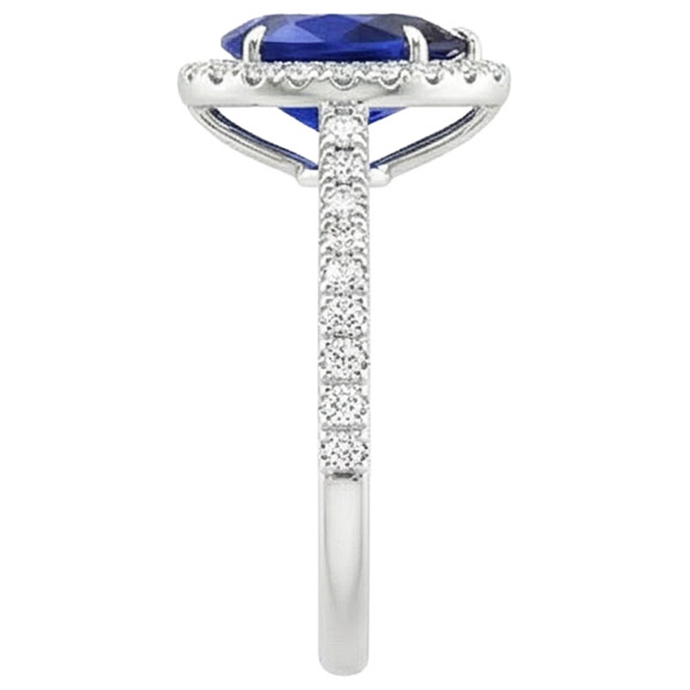 Halo Natural Earth Mined Diamond ( Not Lab Grown ) Ring Teardrop Style Blue Sapphire With Accents 5.50 Carat