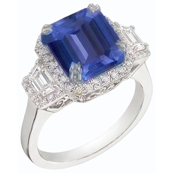 Halo Natural Earth Mined Diamond ( Not Lab Grown ) Ring Trapezoid & Round Accents 4 Carats Deep Blue Sapphire