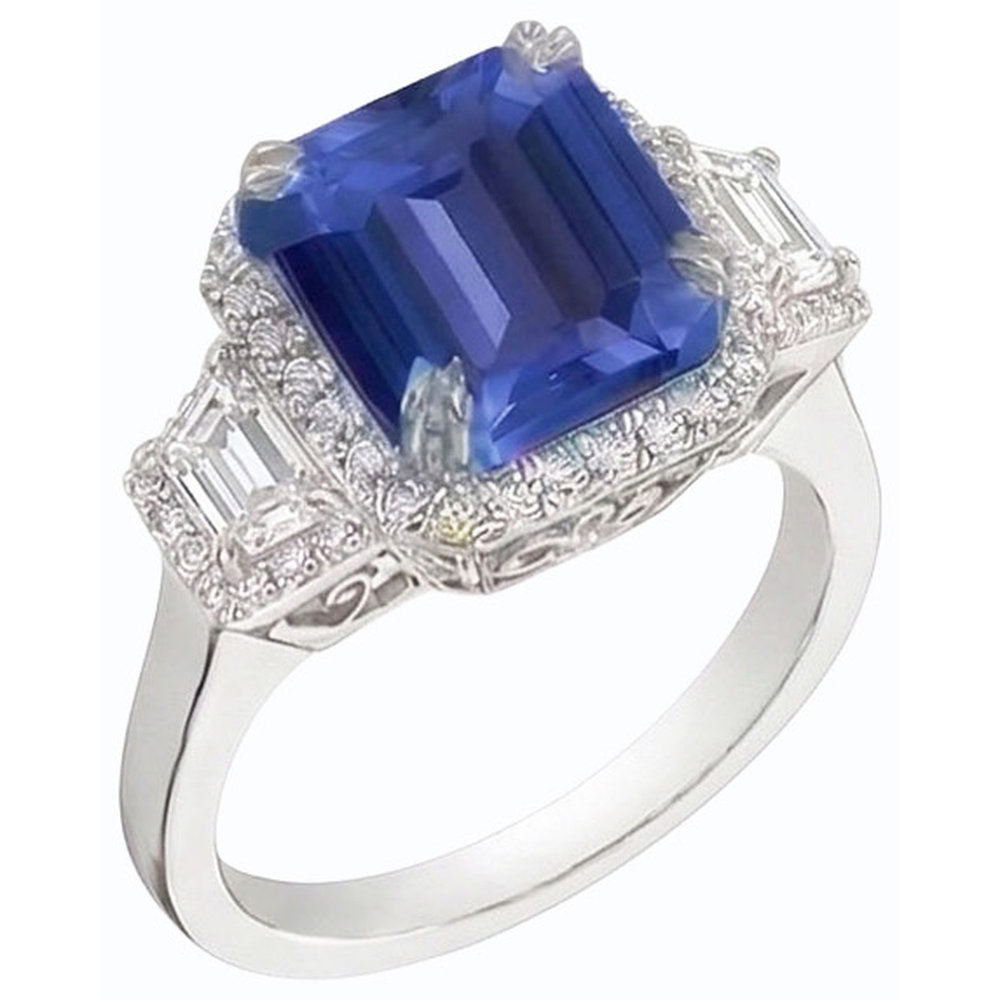 Halo Natural Earth Mined Diamond ( Not Lab Grown ) Ring Trapezoid & Round Accents 4 Carats Deep Blue Sapphire