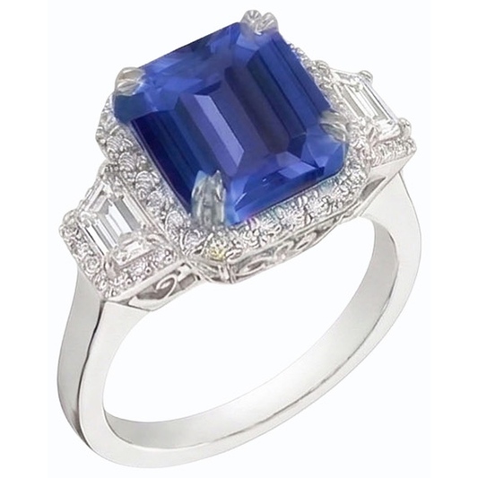 Halo Natural Earth Mined Diamond ( Not Lab Grown ) Ring Trapezoid & Round Accents 4 Carats Deep Blue Sapphire