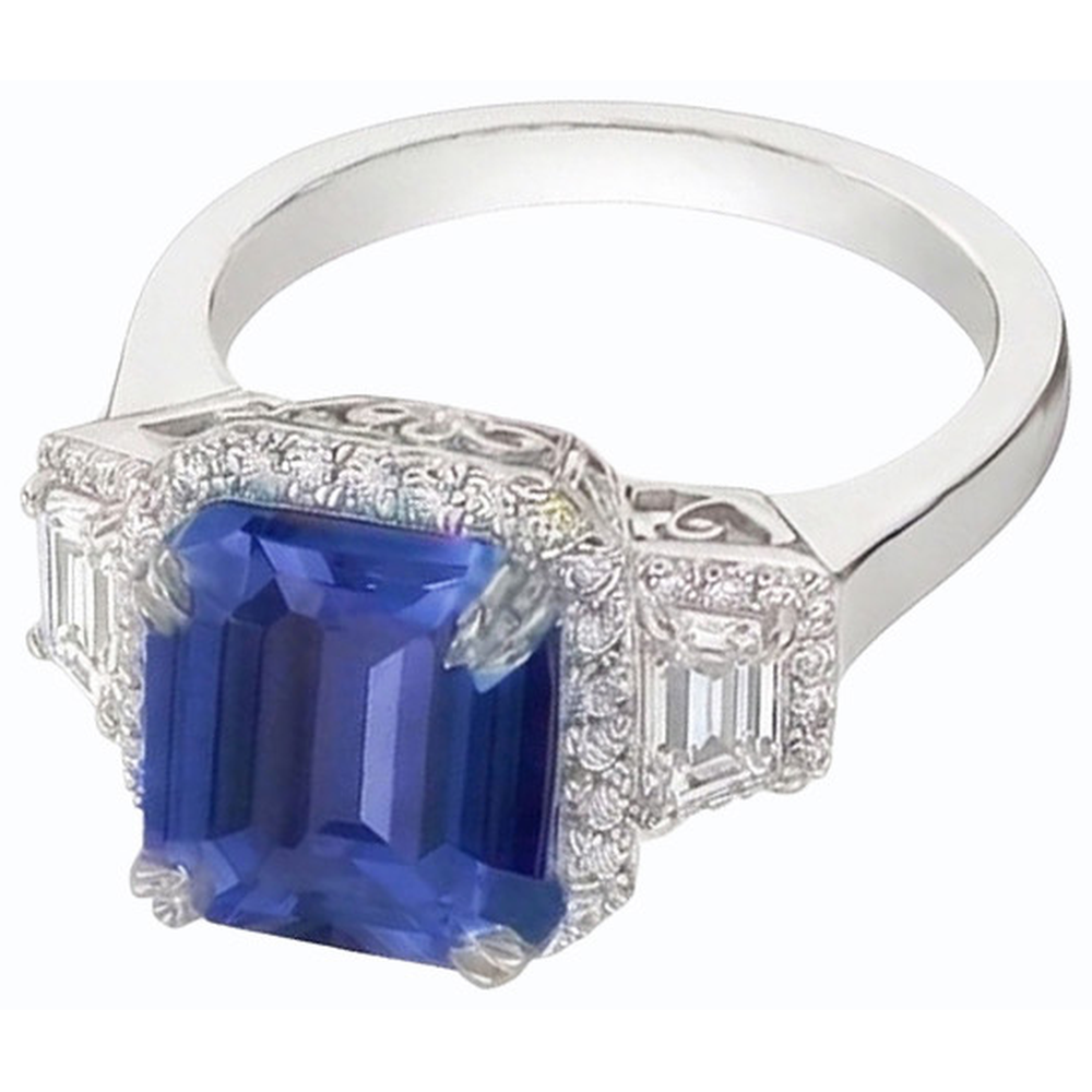 Halo Natural Earth Mined Diamond ( Not Lab Grown ) Ring Trapezoid & Round Accents 4 Carats Deep Blue Sapphire