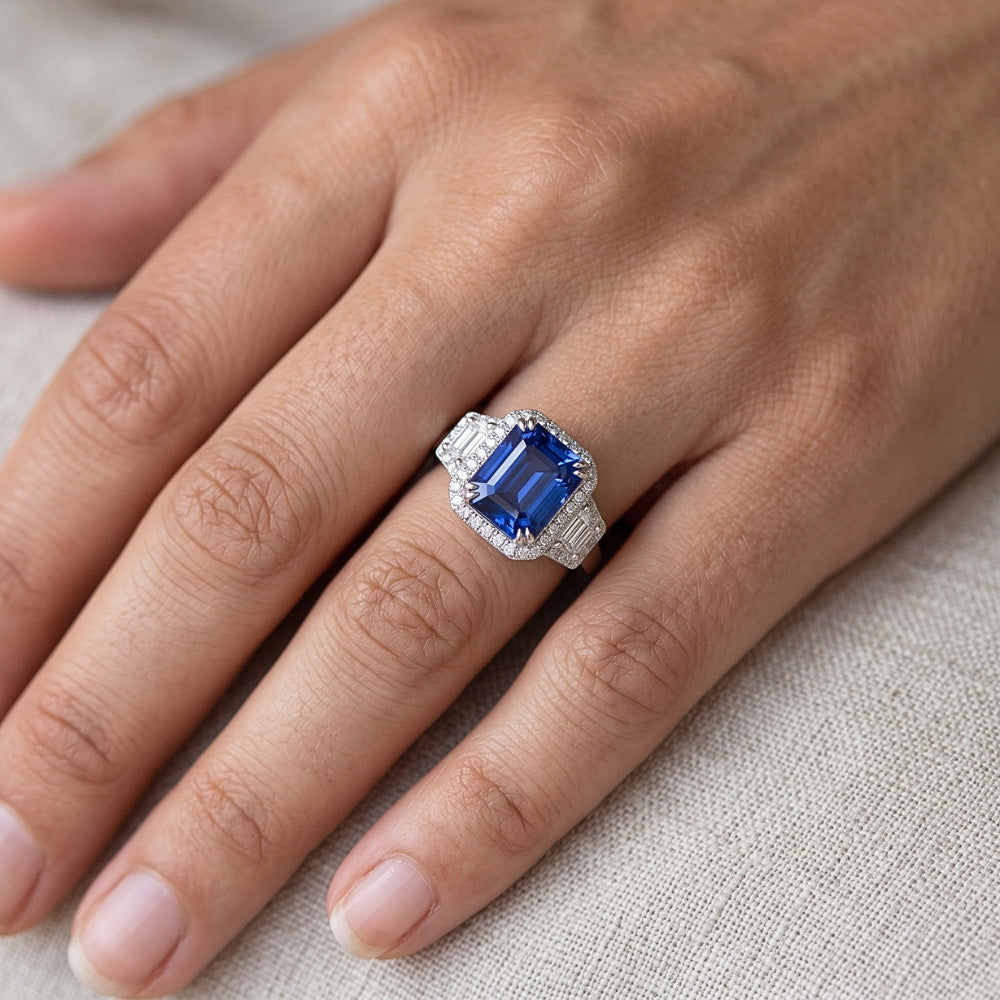 Halo Natural Earth Mined Diamond ( Not Lab Grown ) Ring Trapezoid & Round Accents 4 Carats Deep Blue Sapphire
