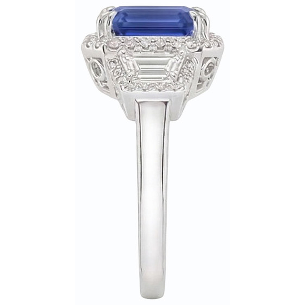 Halo Natural Earth Mined Diamond ( Not Lab Grown ) Ring Trapezoid & Round Accents 4 Carats Deep Blue Sapphire
