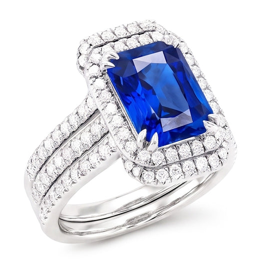 Halo Natural Earth Mined Diamond ( Not Lab Grown ) Sapphire Engagement Wedding Ring Set With Jacket 5 Carats