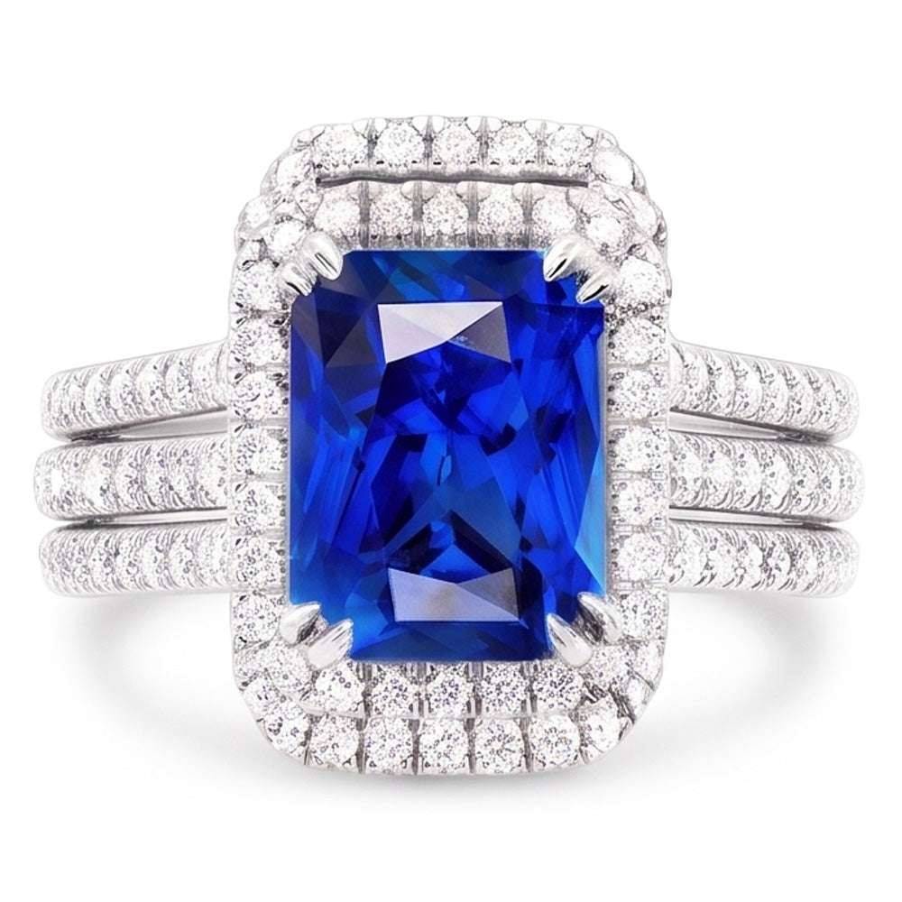 Halo Natural Earth Mined Diamond ( Not Lab Grown ) Sapphire Engagement Wedding Ring Set With Jacket 5 Carats