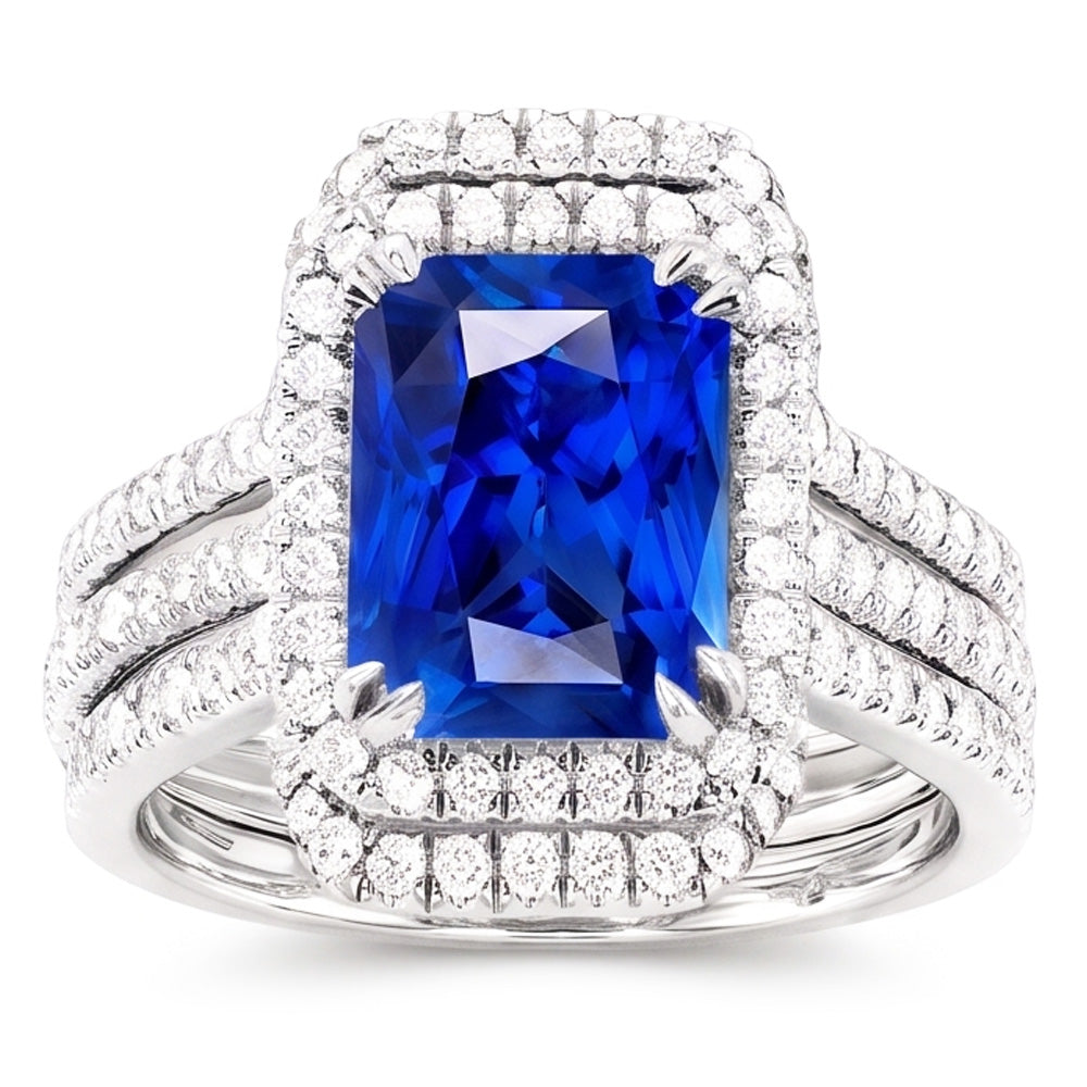 Halo Natural Earth Mined Diamond ( Not Lab Grown ) Sapphire Engagement Wedding Ring Set With Jacket 5 Carats