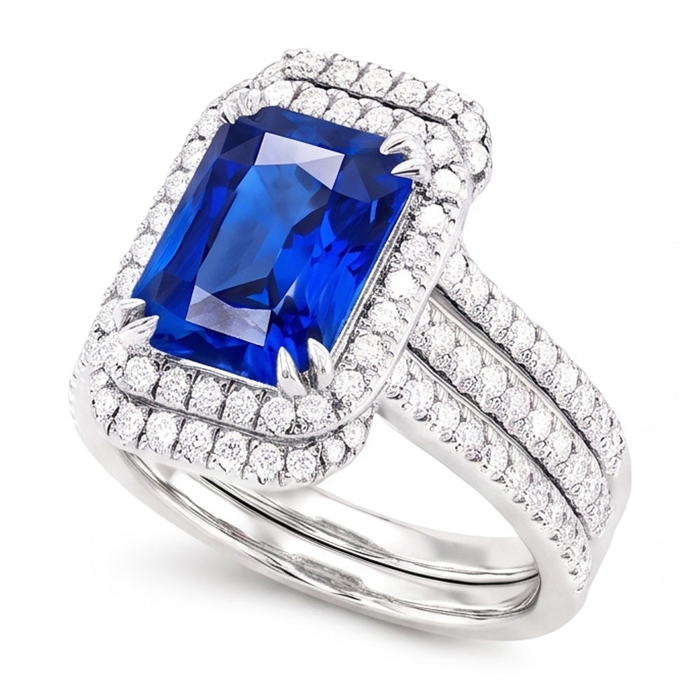 Halo Natural Earth Mined Diamond ( Not Lab Grown ) Sapphire Engagement Wedding Ring Set With Jacket 5 Carats