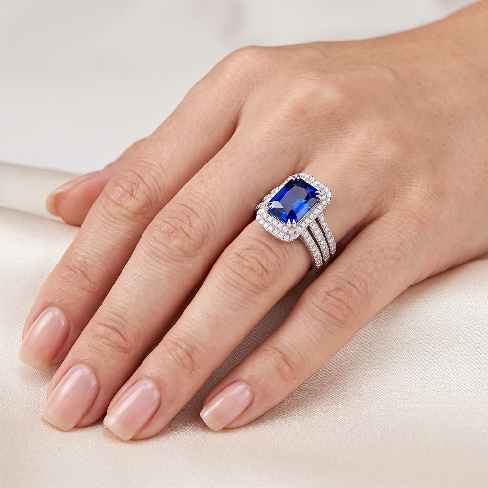 Halo Natural Earth Mined Diamond ( Not Lab Grown ) Sapphire Engagement Wedding Ring Set With Jacket 5 Carats